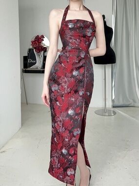Halter Midi Dress in Red Floral